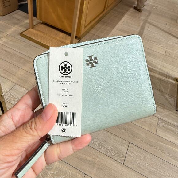 Tory Burch Emerson Shiny Textured Mini Wallet 177015 Mint Drop $195 - Picture 5 of 6